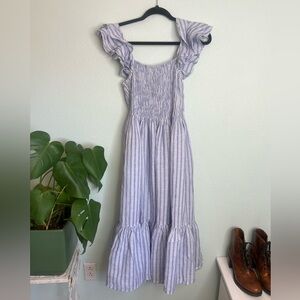 Mille Resort Blue Stripe Smocked Midi Dress Ruffle Strap Cottagecore XS